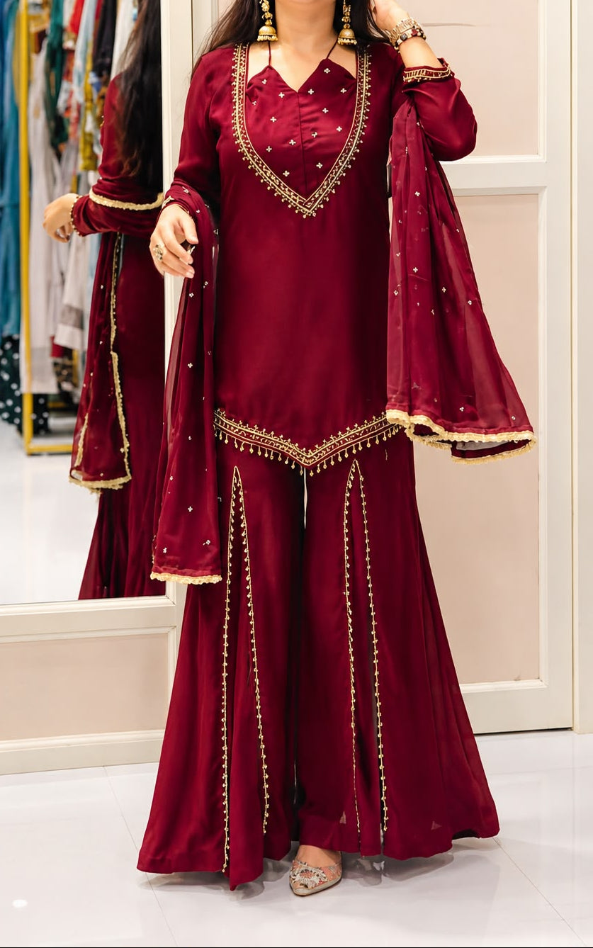 Designer party wear sharara set with lace border moti work