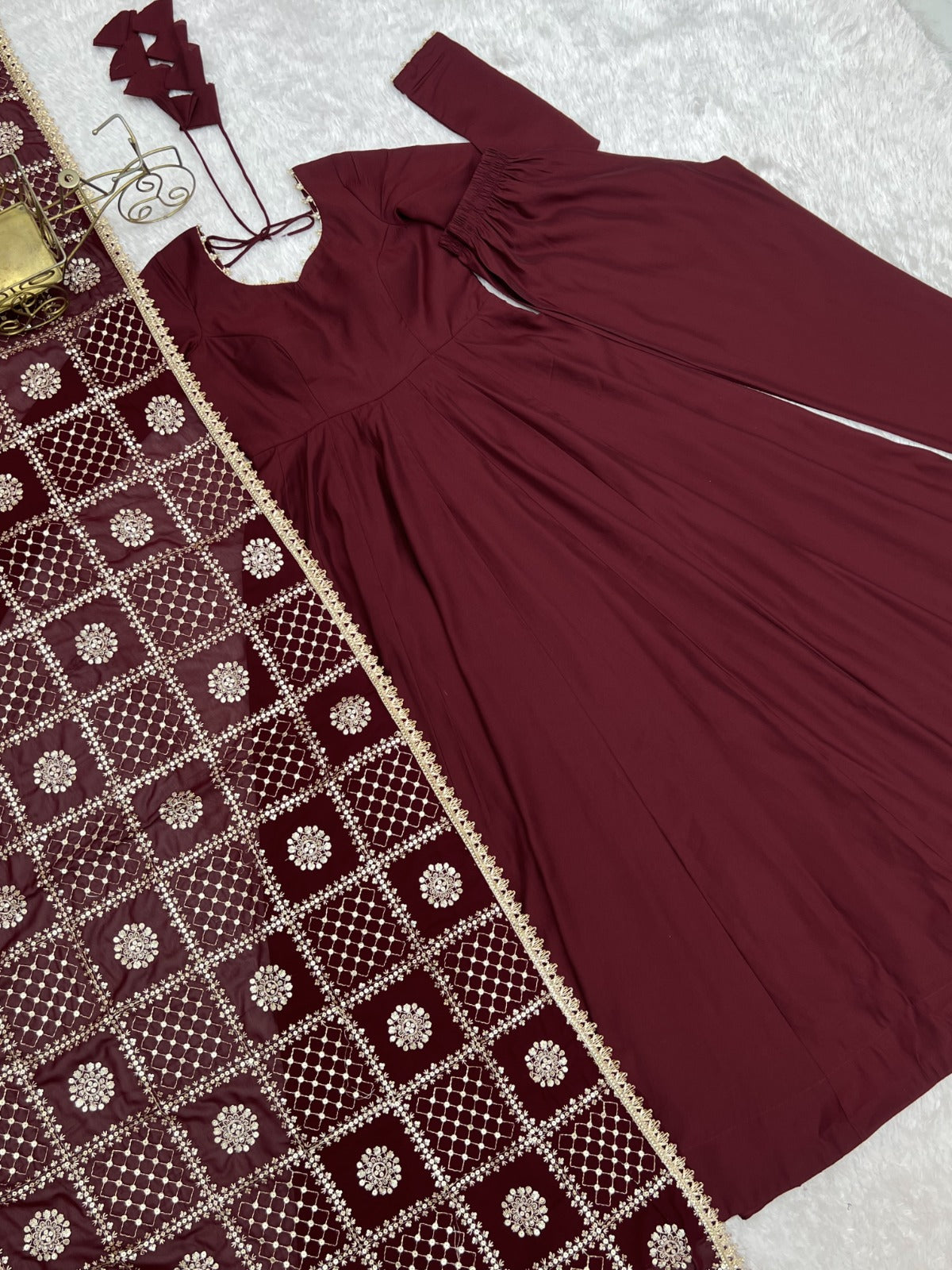 Roman Silk Chanderi Lace Work Anarkali Suit with jari work dupatta