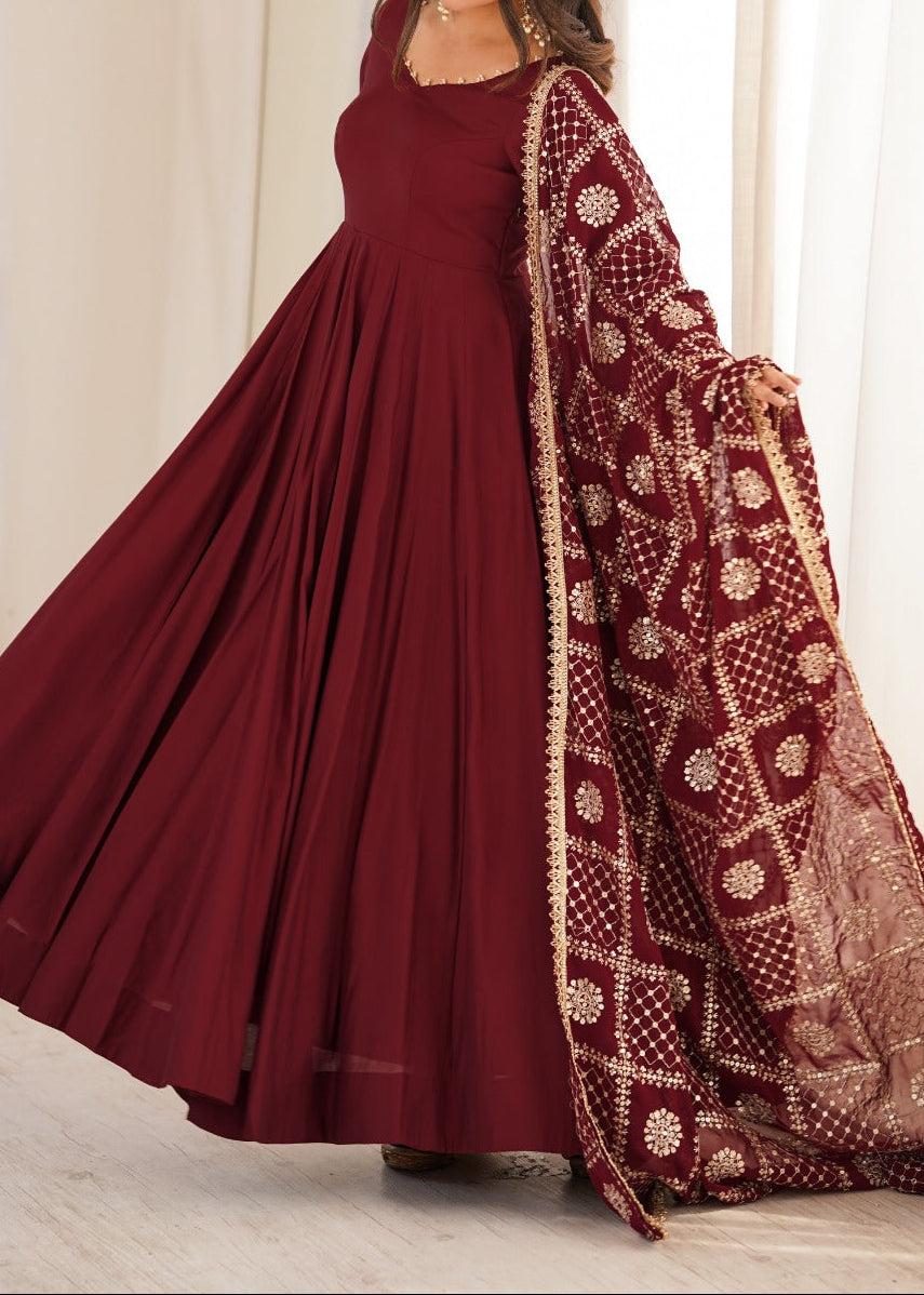 Roman Silk Chanderi Lace Work Anarkali Suit with jari work dupatta