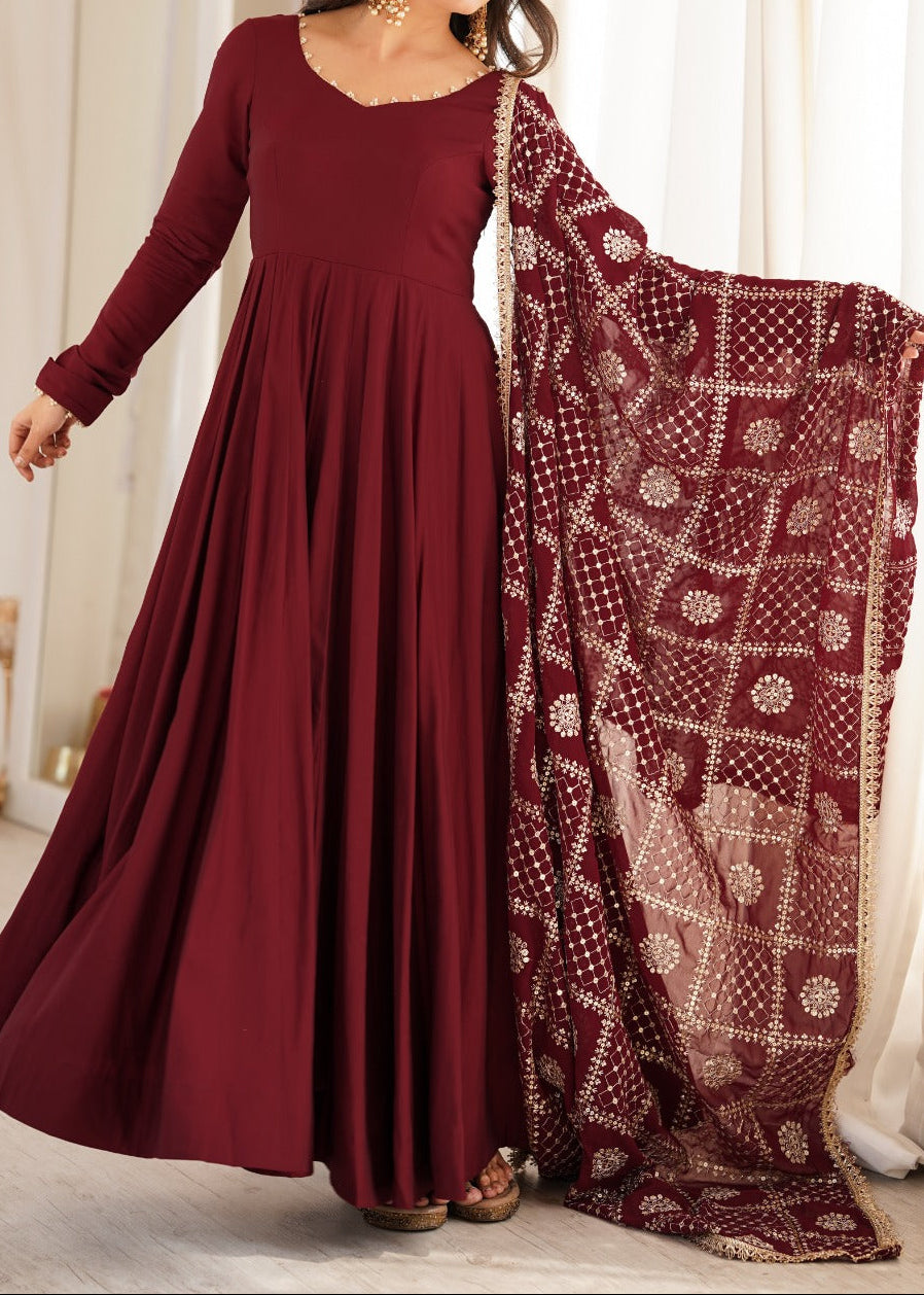 Roman Silk Chanderi Lace Work Anarkali Suit with jari work dupatta