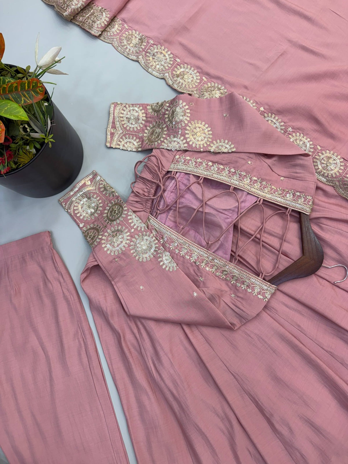 Elegant embroidered sequence designer anarkali three piece set
