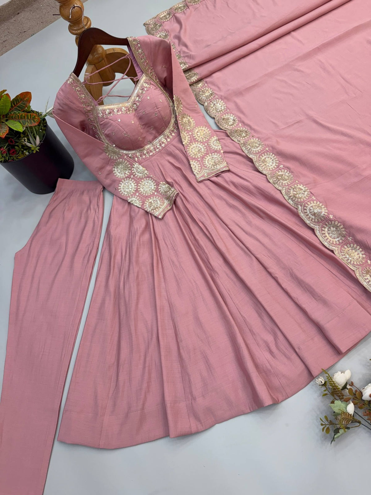 Elegant embroidered sequence designer anarkali three piece set