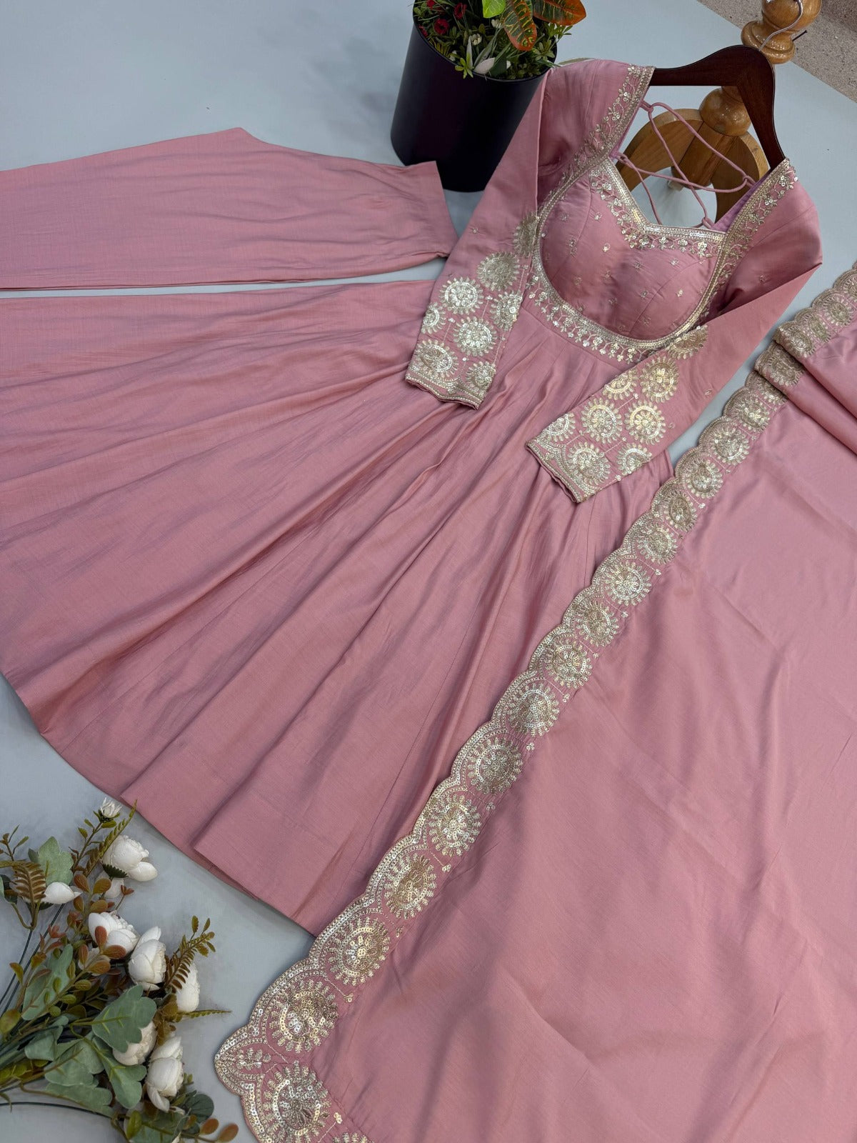 Elegant embroidered sequence designer anarkali three piece set