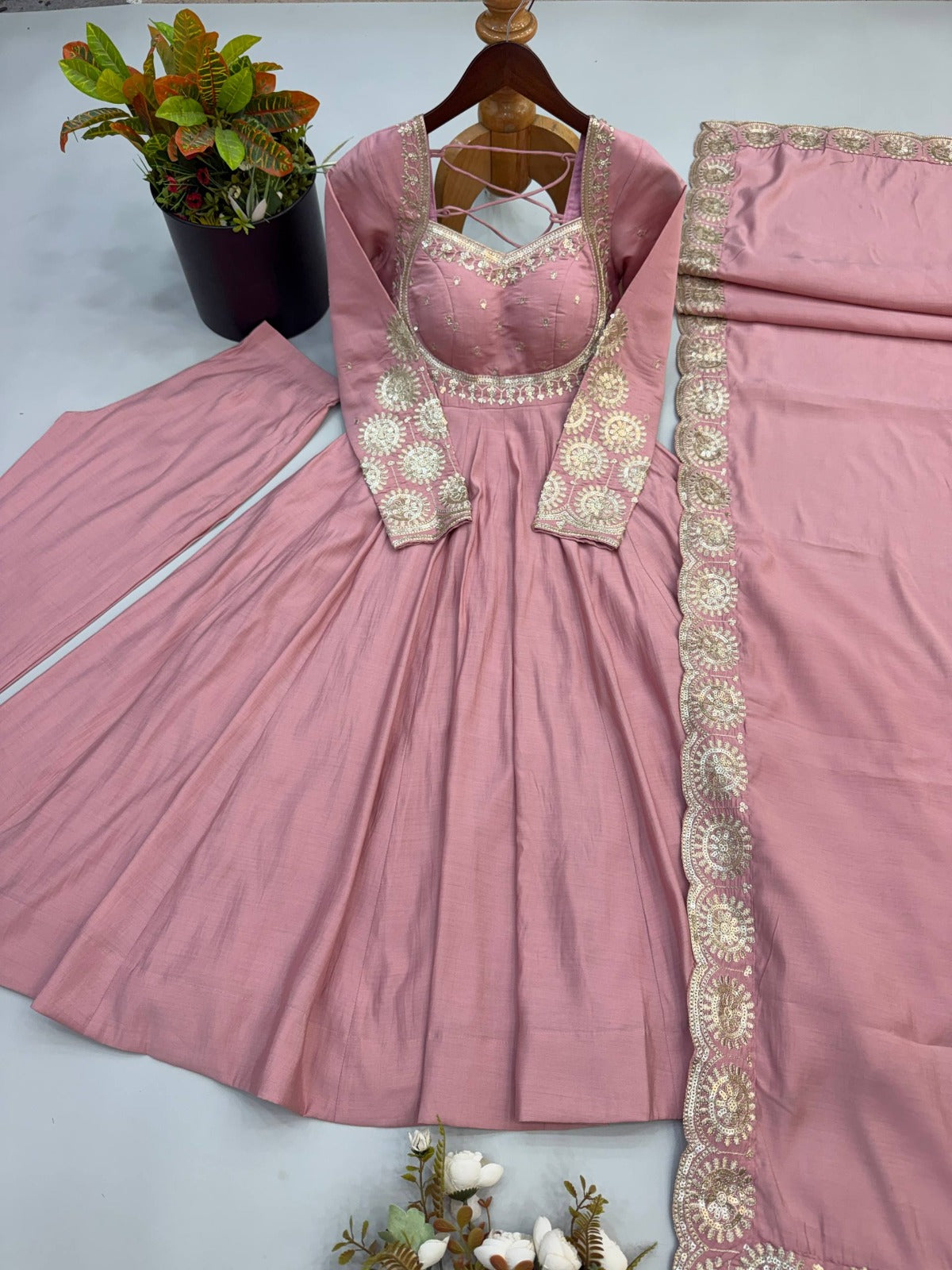 Elegant embroidered sequence designer anarkali three piece set