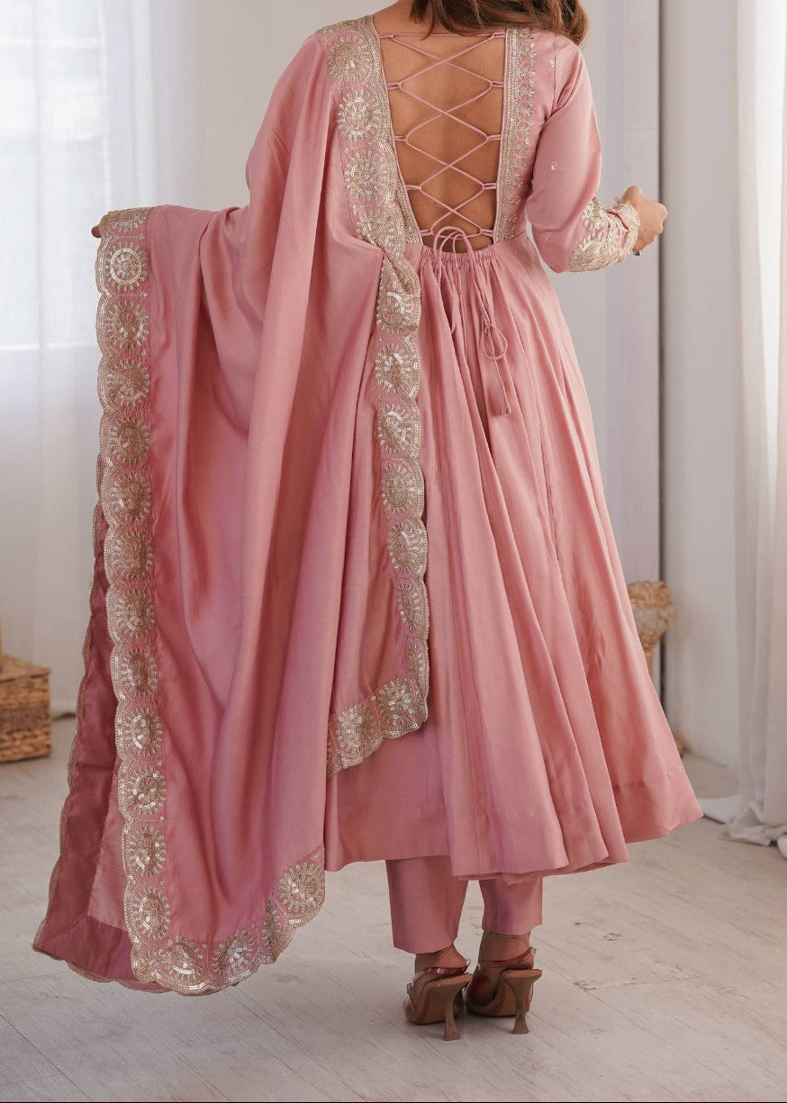 Elegant embroidered sequence designer anarkali three piece set
