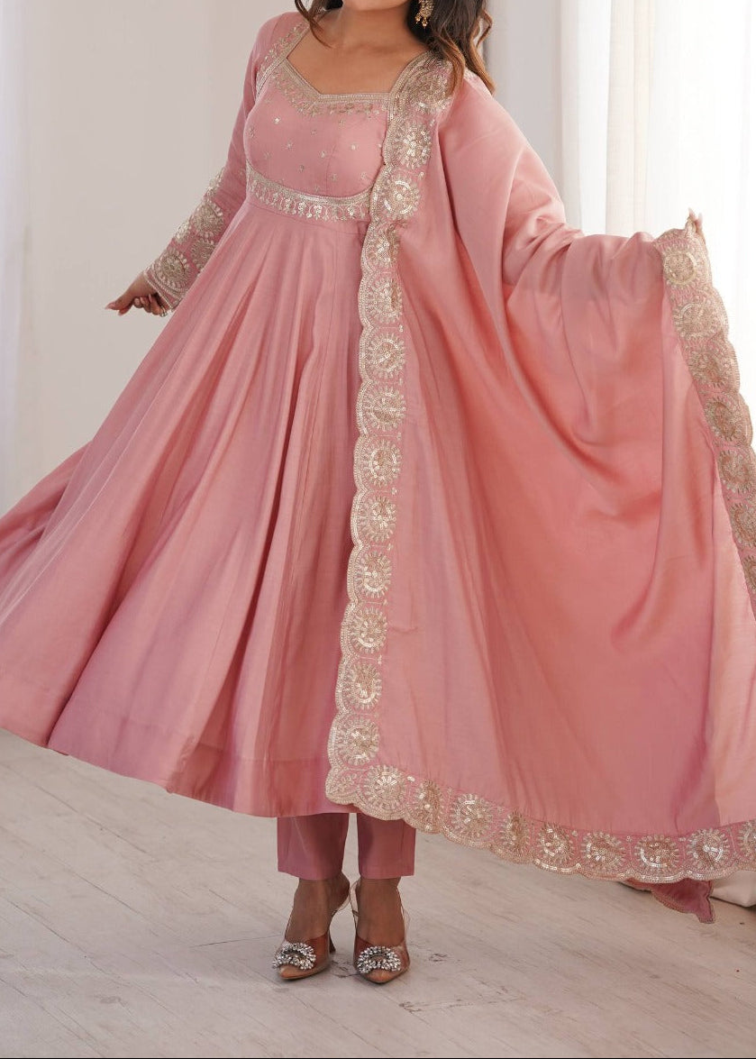 Elegant embroidered sequence designer anarkali three piece set