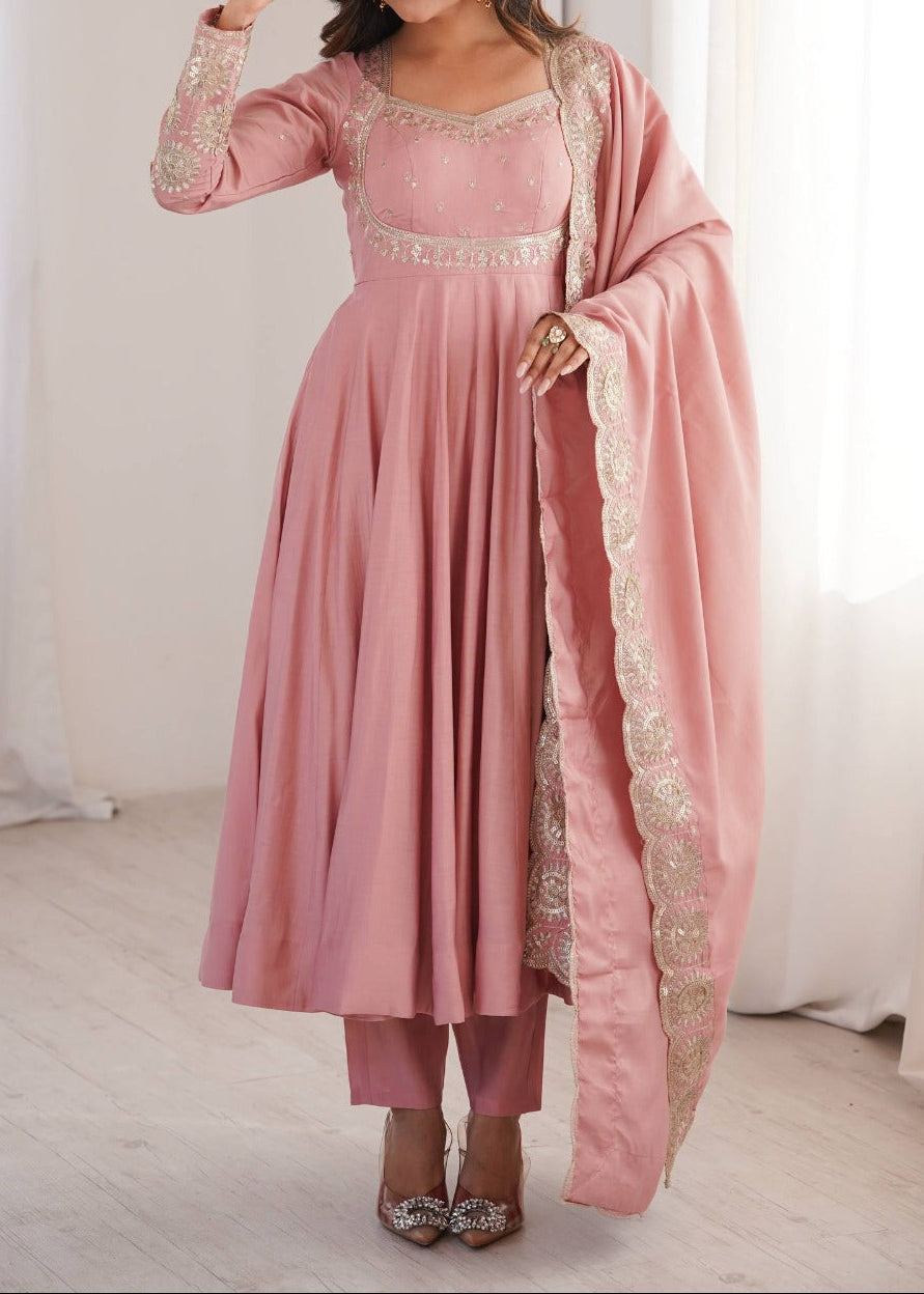 Elegant embroidered sequence designer anarkali three piece set
