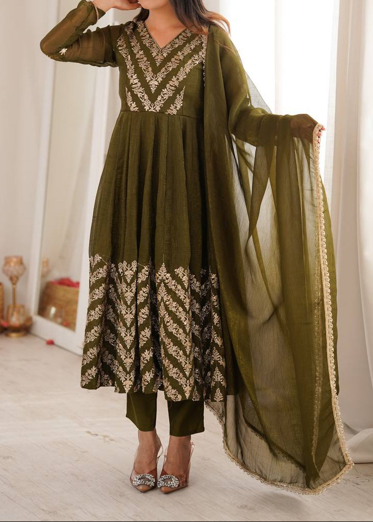 Premium Crunchy Silk Embroidered Sequence Work Anarkali Suit Set