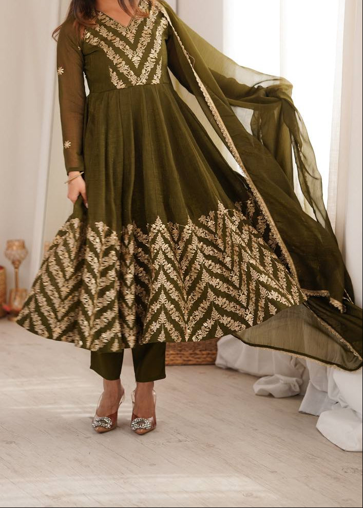 Premium Crunchy Silk Embroidered Sequence Work Anarkali Suit Set