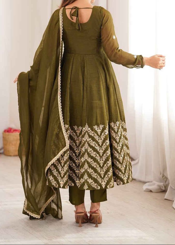 Premium Crunchy Silk Embroidered Sequence Work Anarkali Suit Set