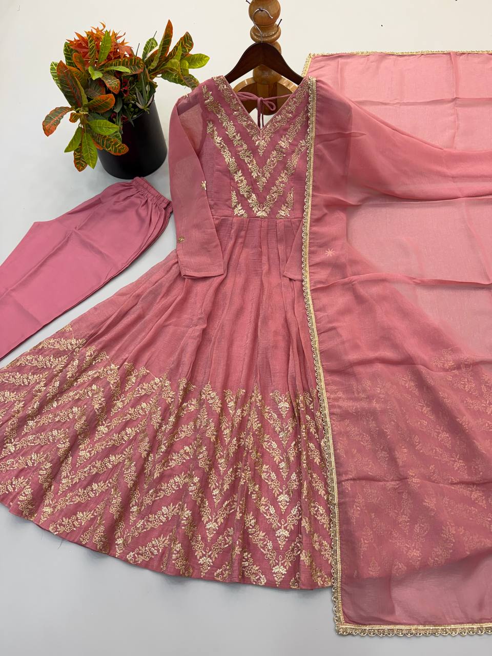 Premium Crunchy Silk Embroidered Sequence Work Anarkali Suit Set