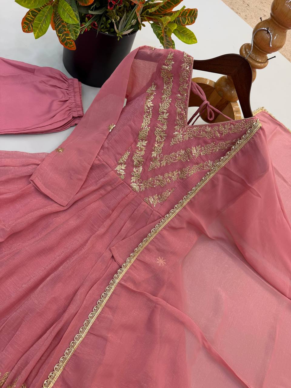 Premium Crunchy Silk Embroidered Sequence Work Anarkali Suit Set