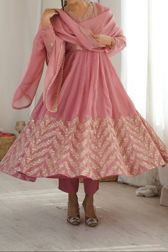 Premium Crunchy Silk Embroidered Sequence Work Anarkali Suit Set