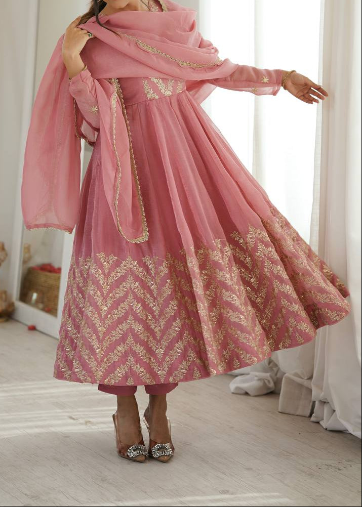 Premium Crunchy Silk Embroidered Sequence Work Anarkali Suit Set
