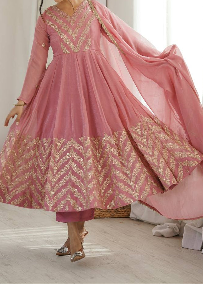 Premium Crunchy Silk Embroidered Sequence Work Anarkali Suit Set