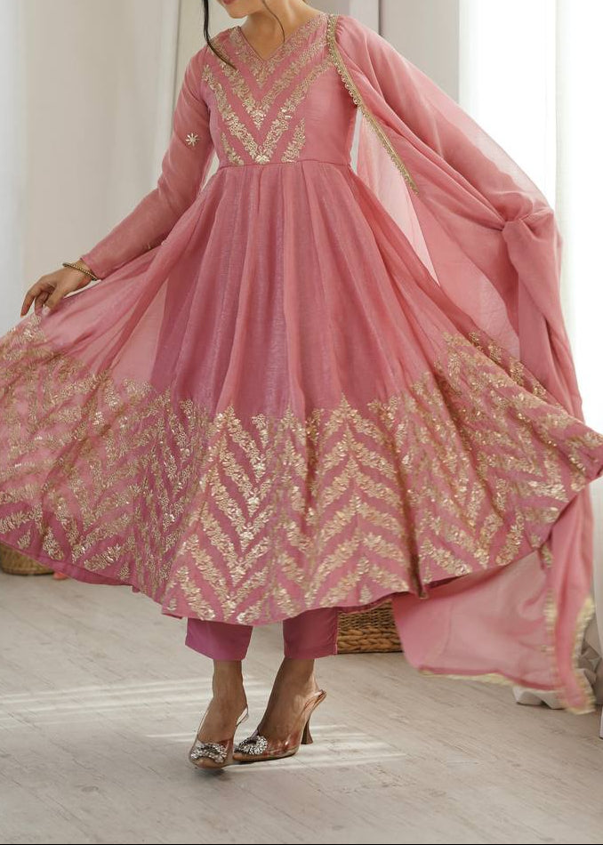 Premium Crunchy Silk Embroidered Sequence Work Anarkali Suit Set