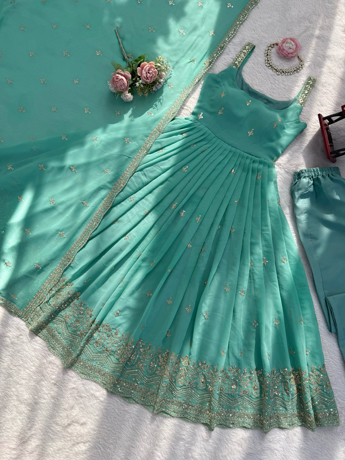 Designer Heavy Faux Georgette Anarkali Suit Set with Pant & Dupatta