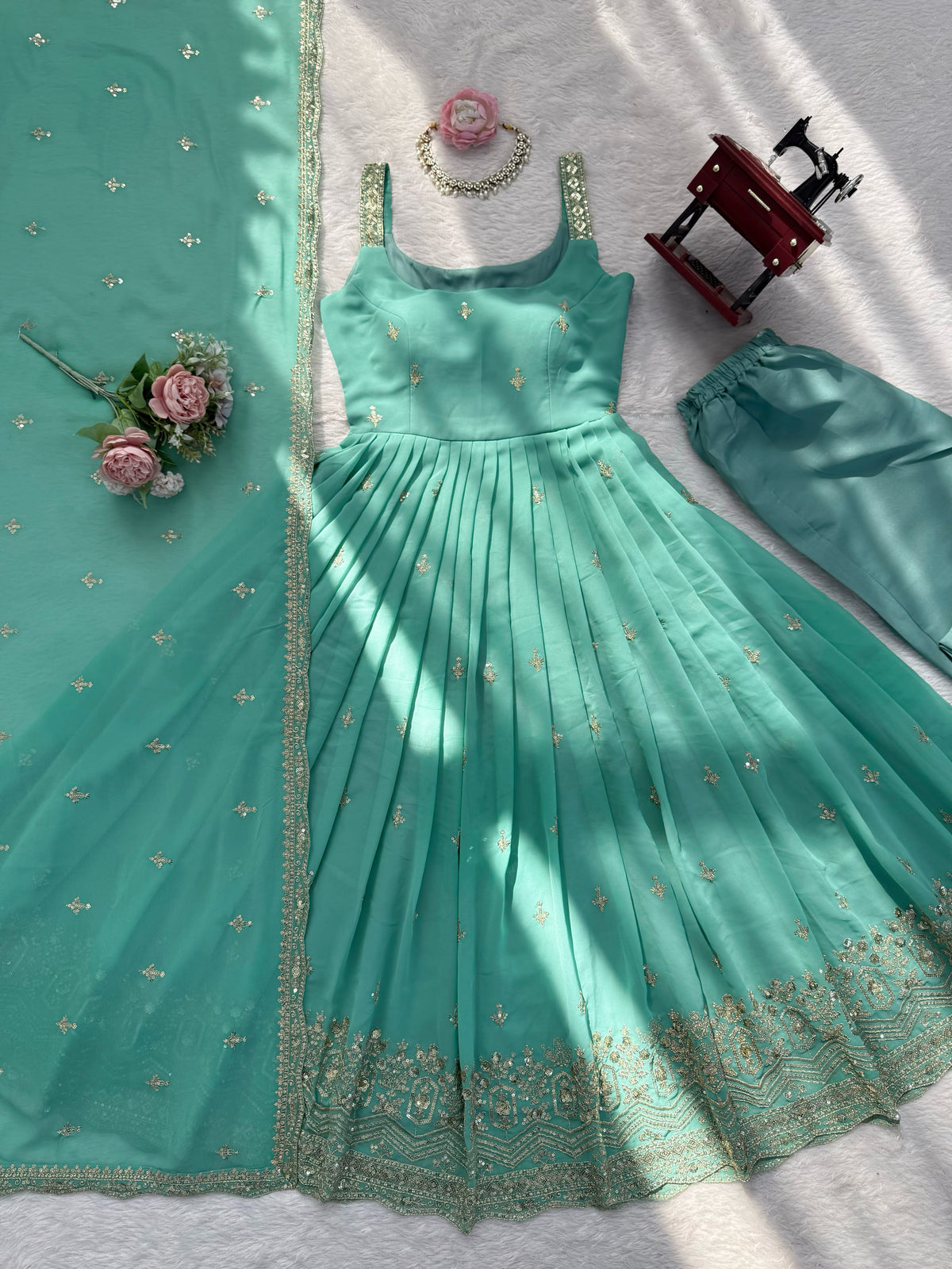 Designer Heavy Faux Georgette Anarkali Suit Set with Pant & Dupatta