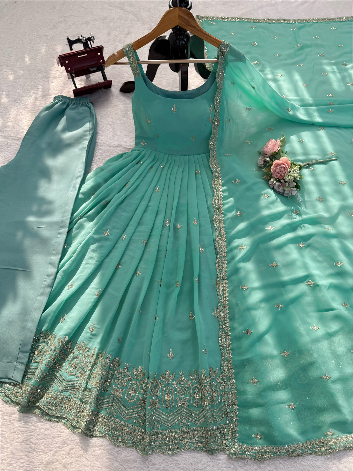 Designer Heavy Faux Georgette Anarkali Suit Set with Pant & Dupatta