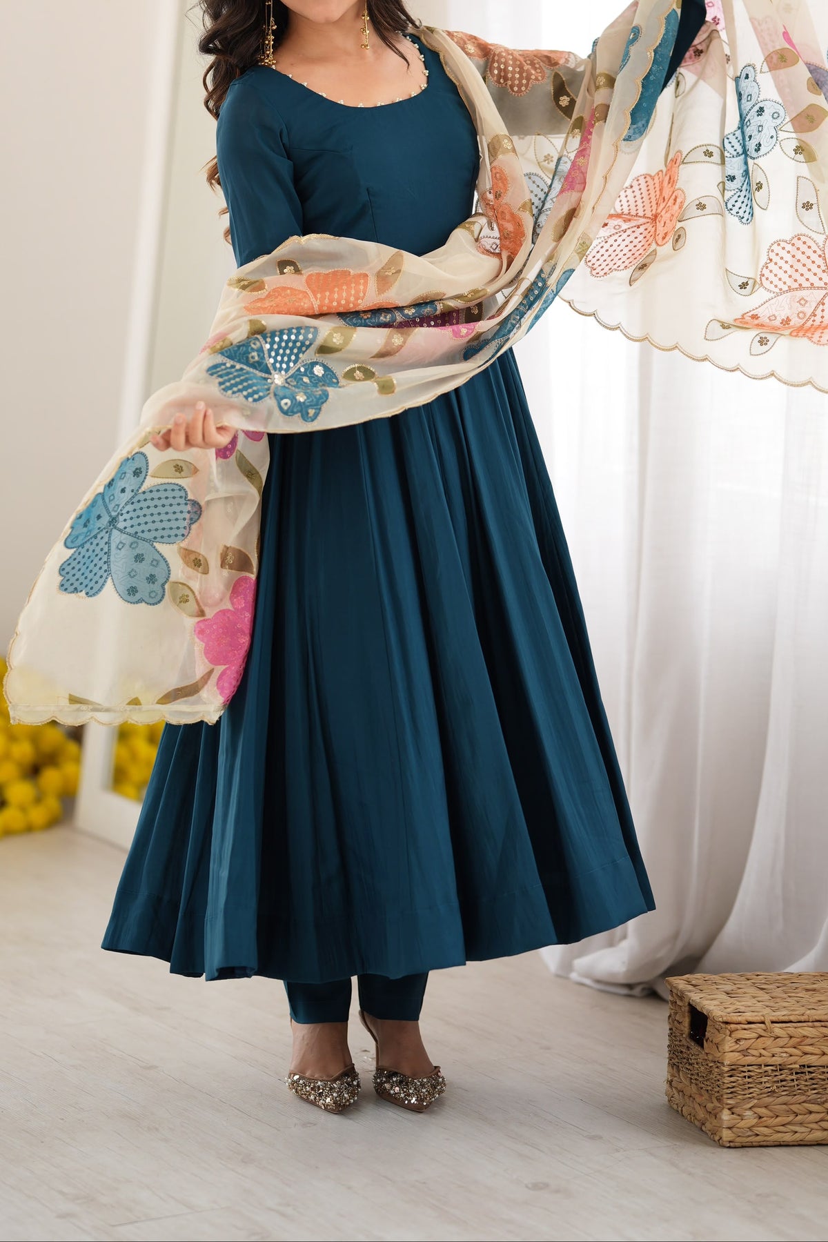 Premium Quality Pure Roman Silk Heavy Flare Anarkali With Designer Dupatta