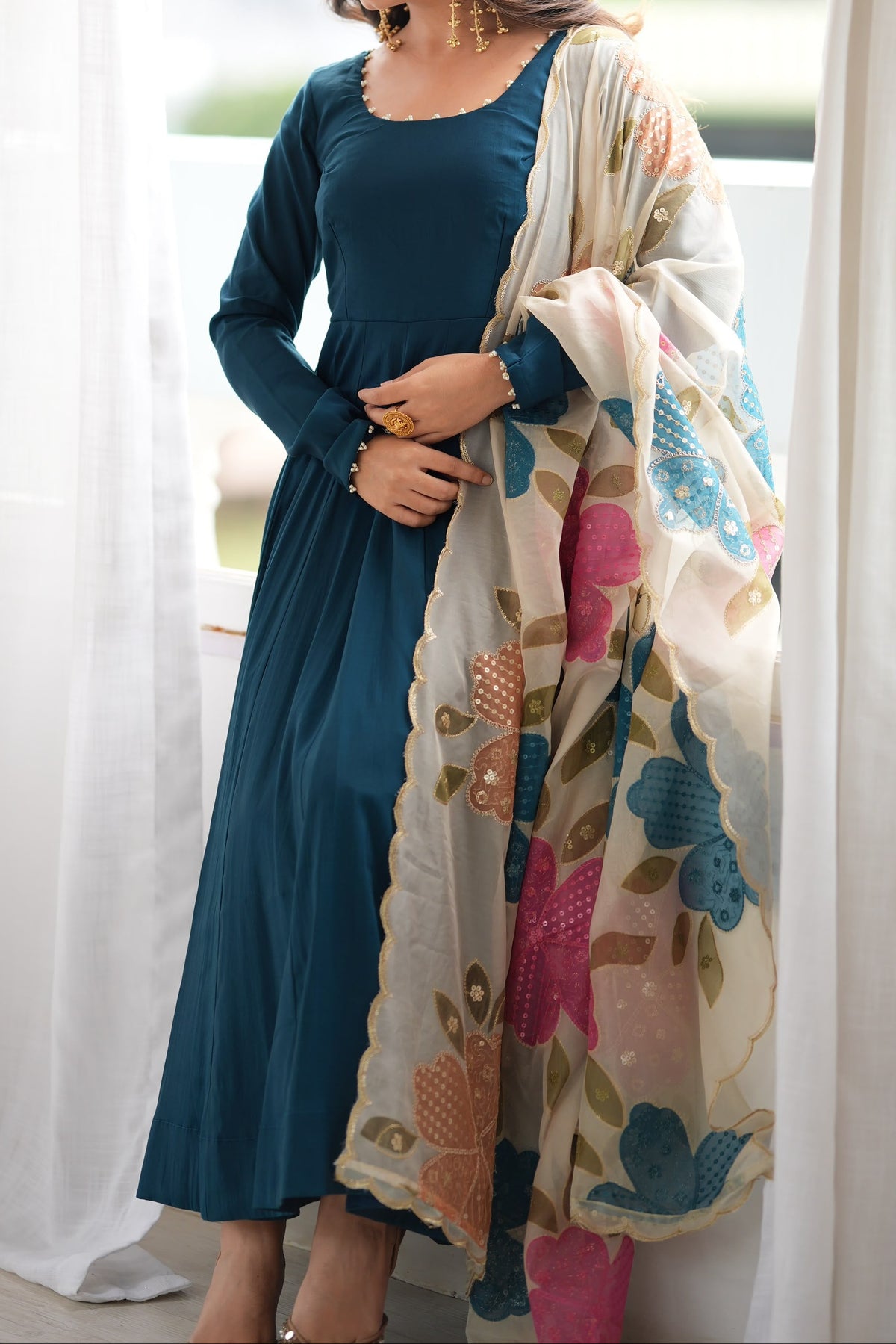 Premium Quality Pure Roman Silk Heavy Flare Anarkali With Designer Dupatta