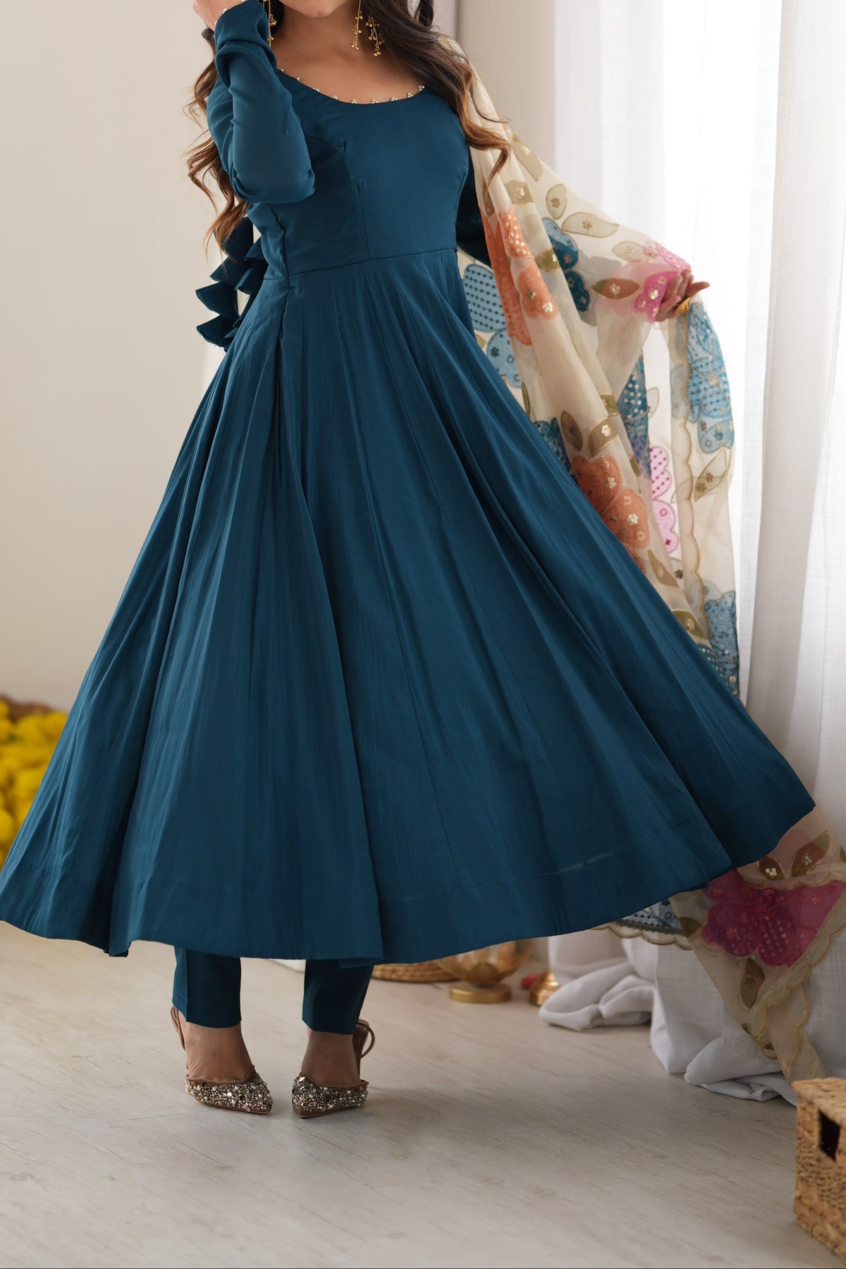 Premium Quality Pure Roman Silk Heavy Flare Anarkali With Designer Dupatta