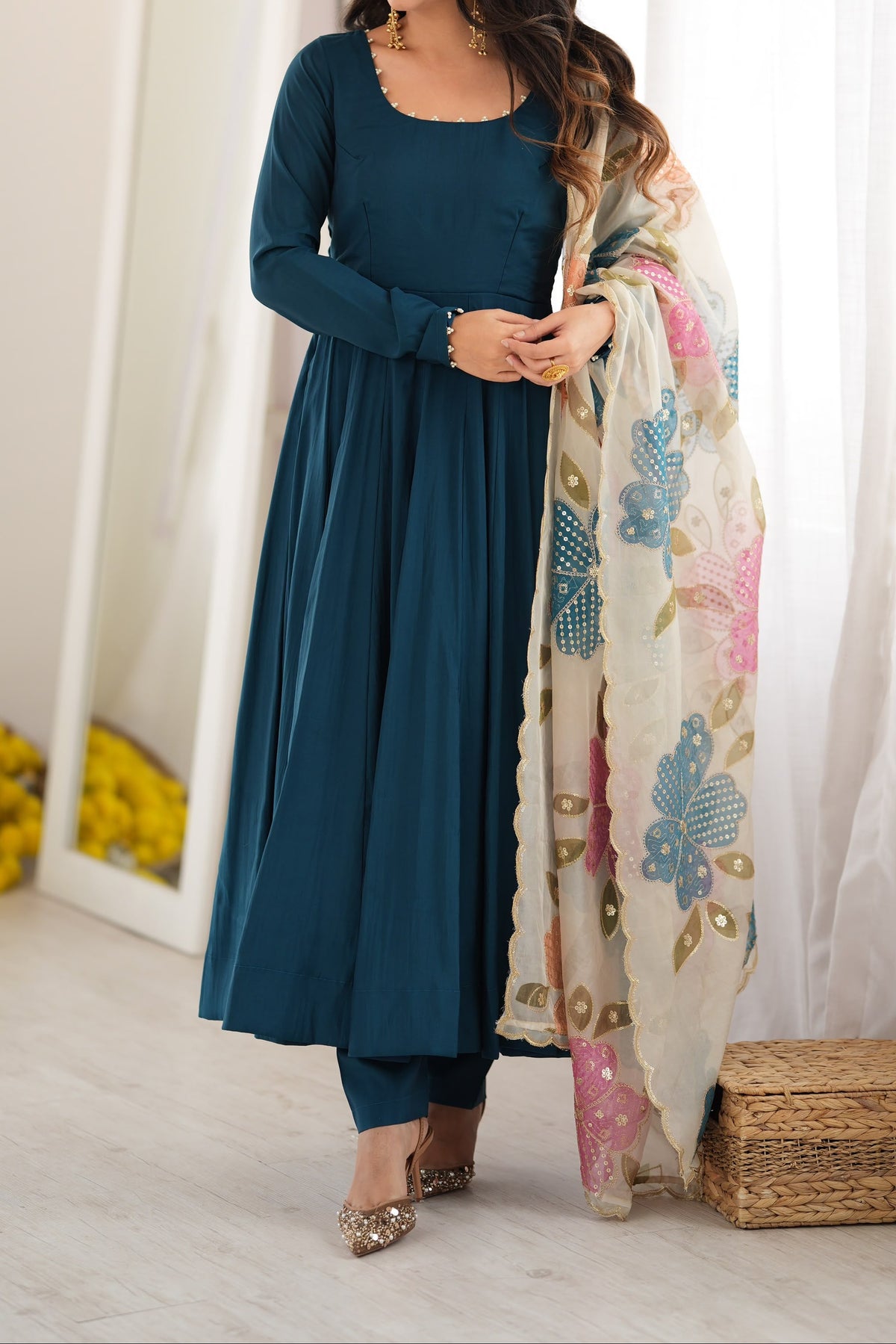 Premium Quality Pure Roman Silk Heavy Flare Anarkali With Designer Dupatta