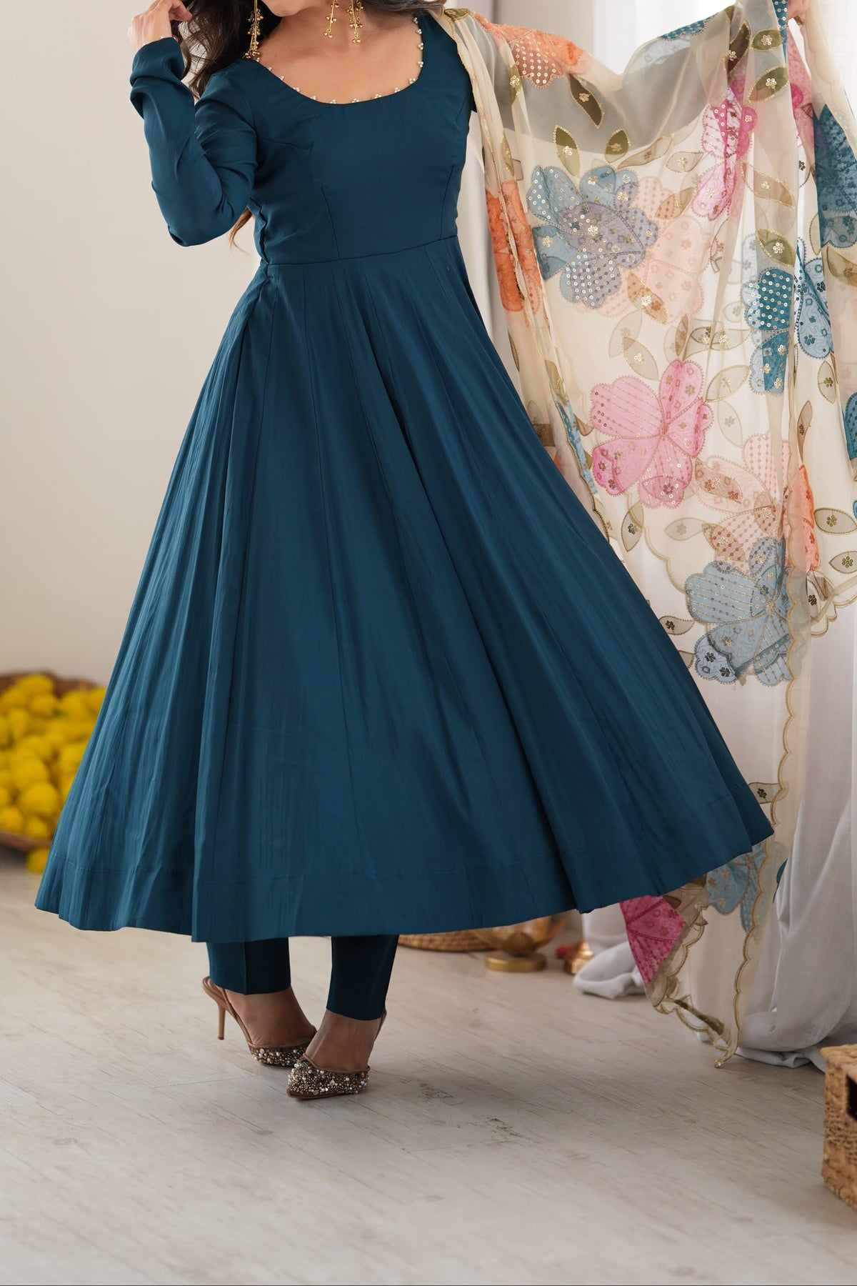 Premium Quality Pure Roman Silk Heavy Flare Anarkali With Designer Dupatta