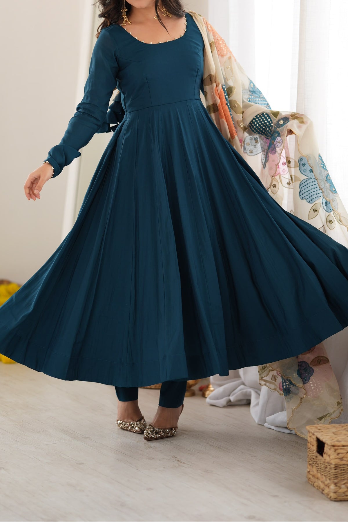 Premium Quality Pure Roman Silk Heavy Flare Anarkali With Designer Dupatta