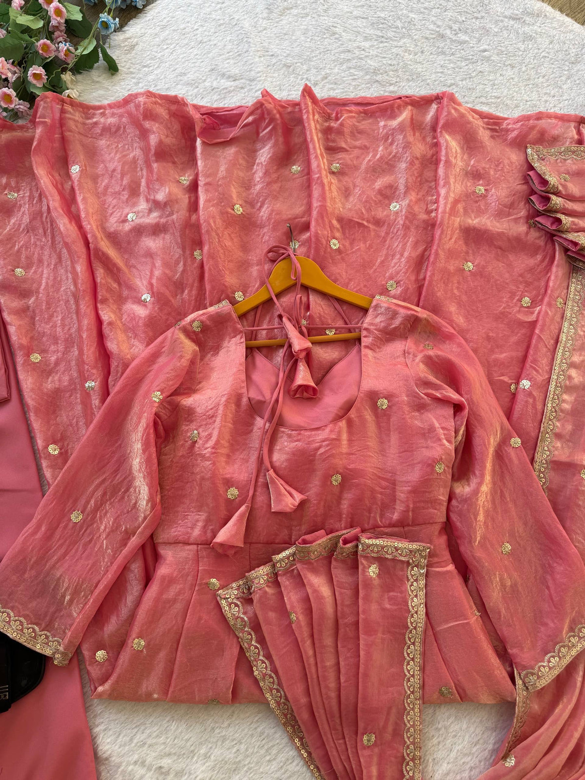 Party Wear Fendi Satin Designer Anarkali Suit Set