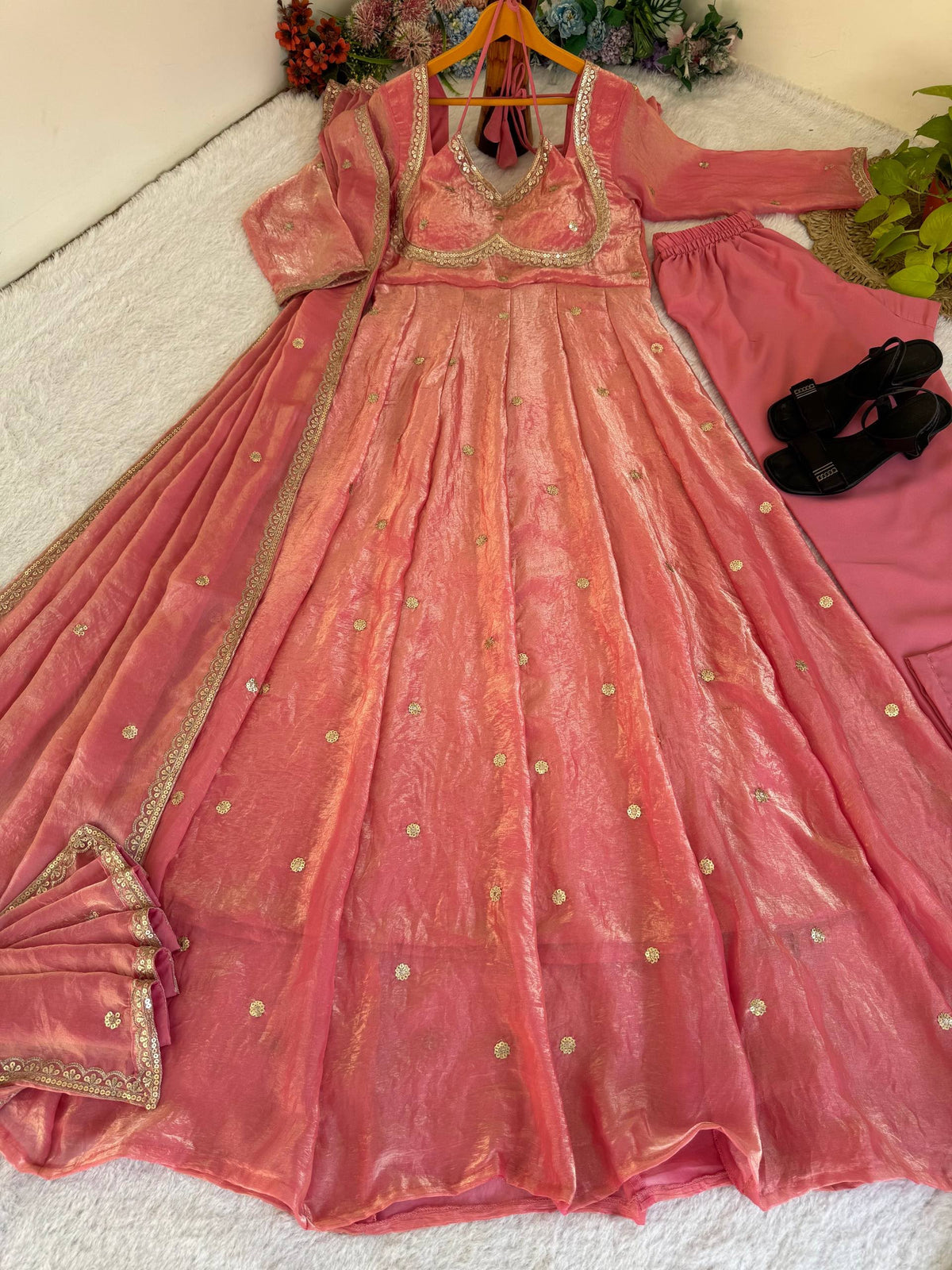 Party Wear Fendi Satin Designer Anarkali Suit Set