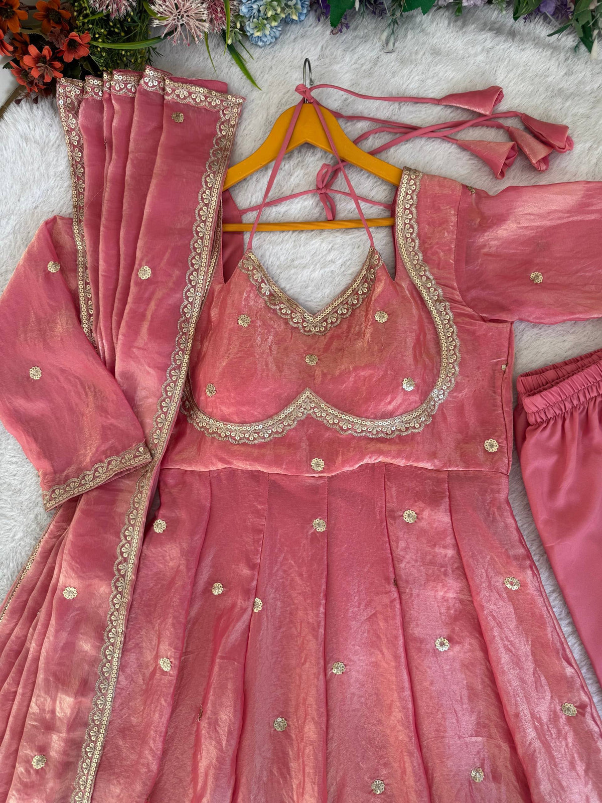 Party Wear Fendi Satin Designer Anarkali Suit Set