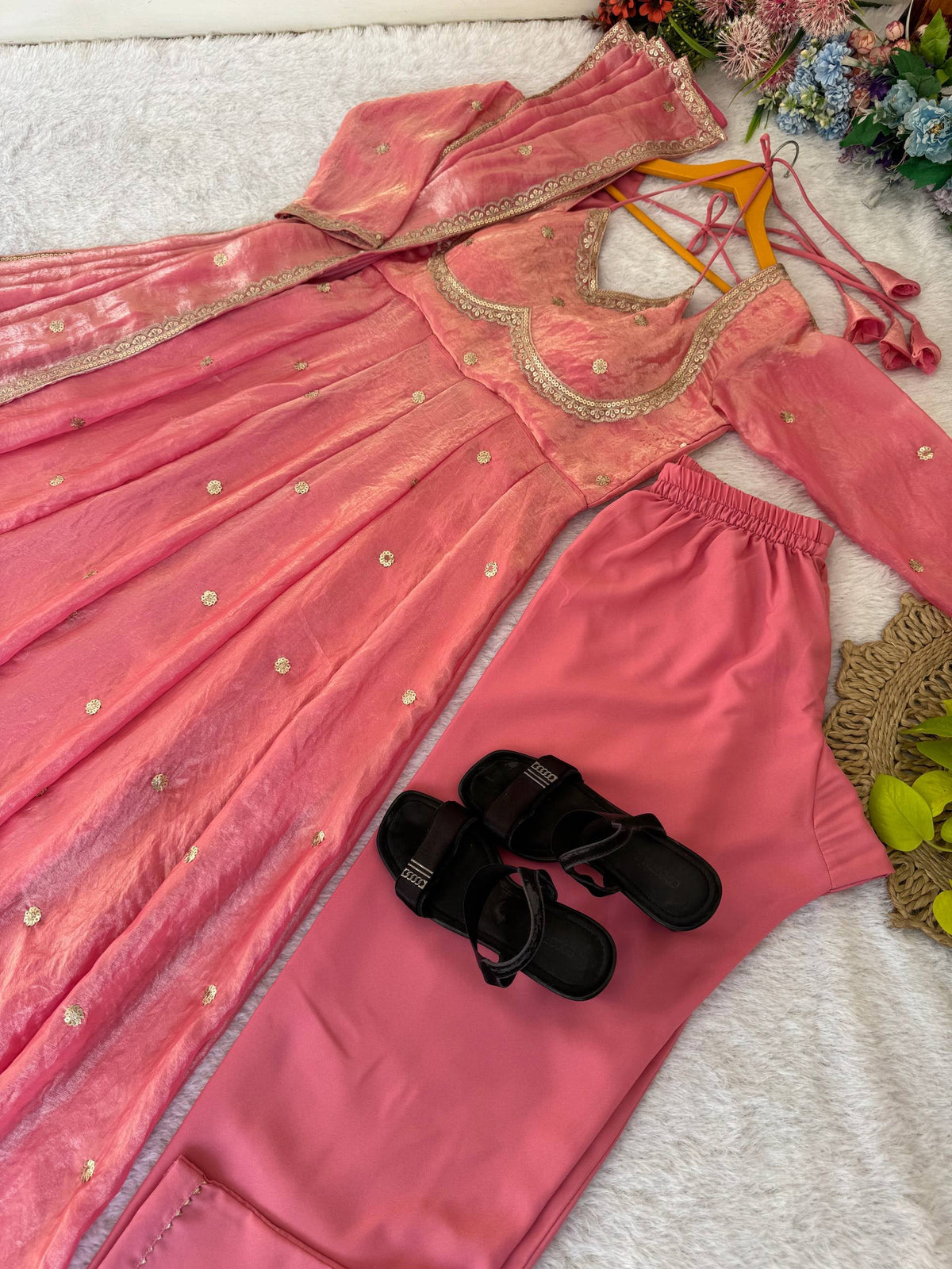 Party Wear Fendi Satin Designer Anarkali Suit Set