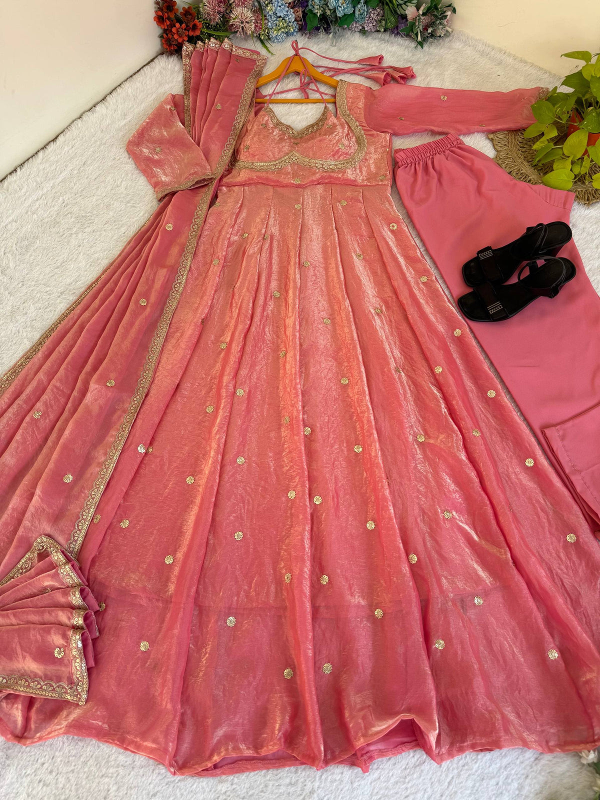 Party Wear Fendi Satin Designer Anarkali Suit Set