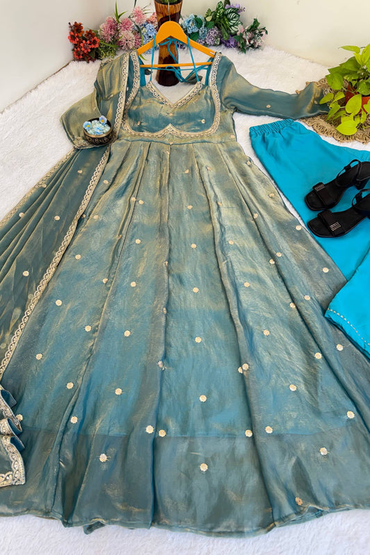 Party Wear Fendi Satin Designer Anarkali Suit Set