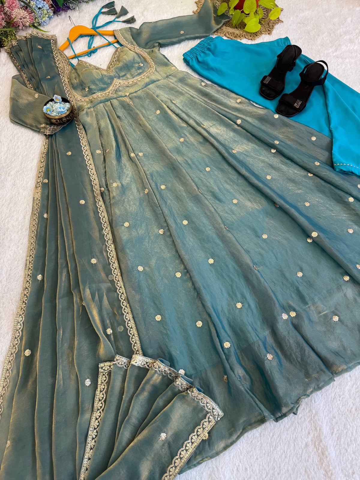 Party Wear Fendi Satin Designer Anarkali Suit Set
