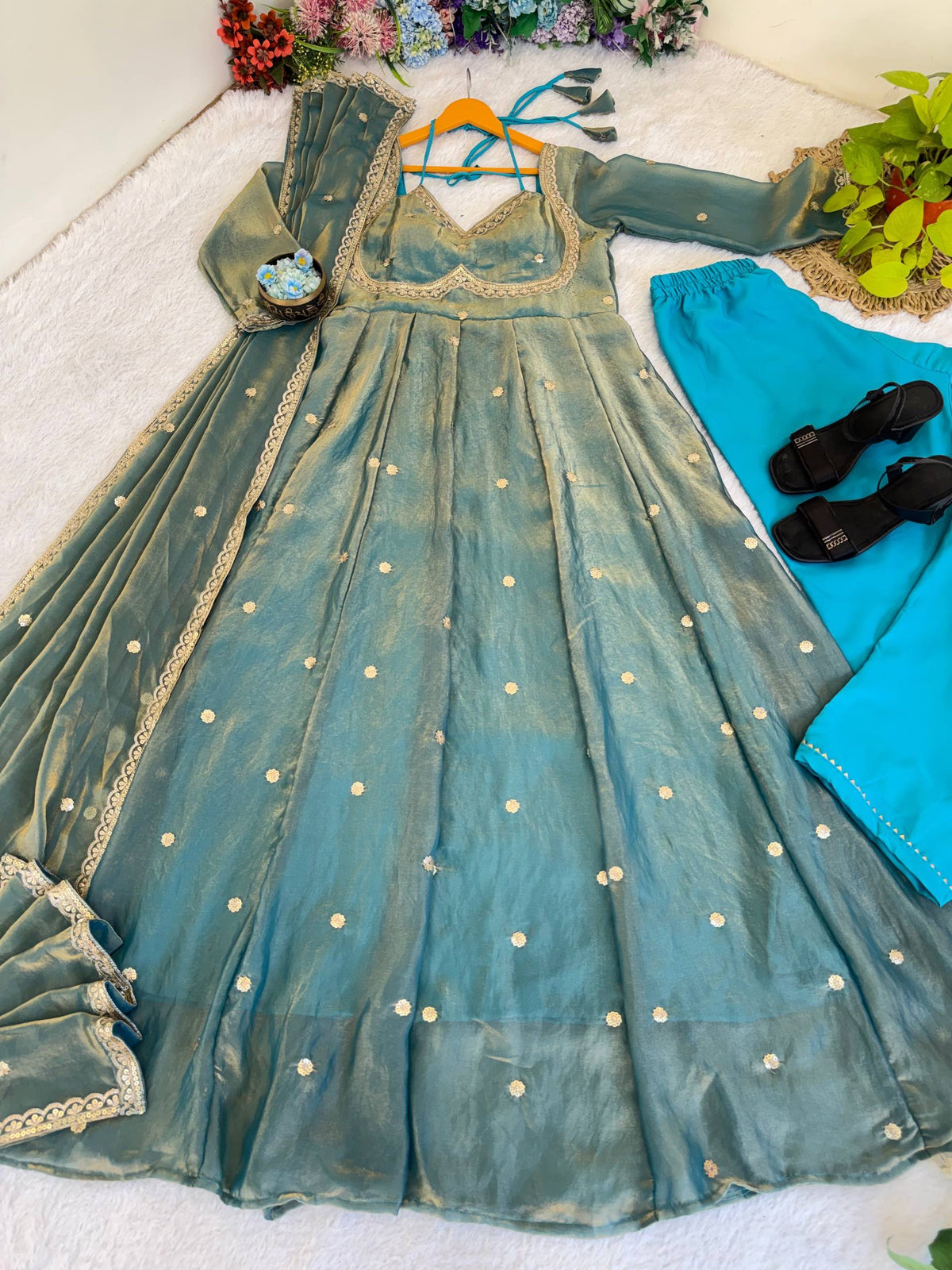 Party Wear Fendi Satin Designer Anarkali Suit Set