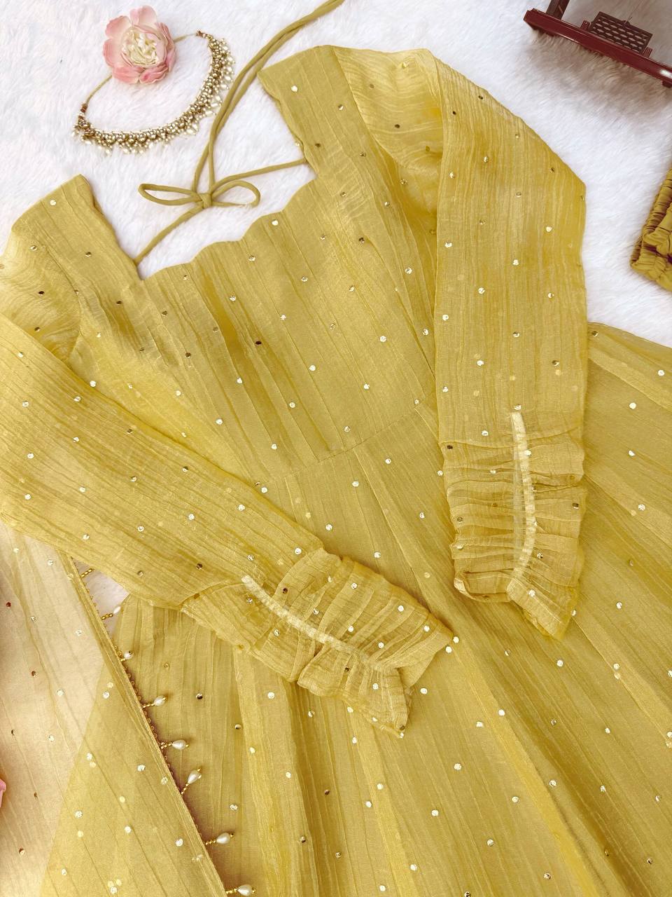 Designer Salsa Silk Foil Work Party Wear Anarkali Set