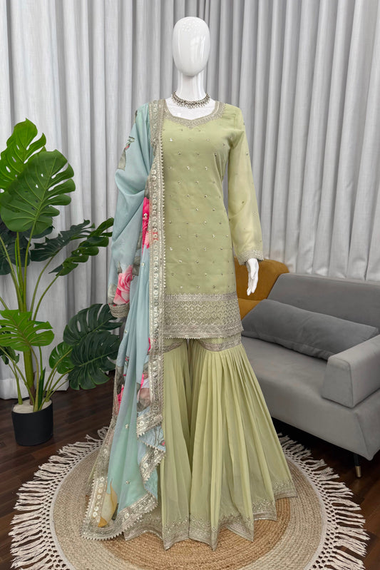 Wedding Special Thread & Sequence Work Floral Organza Gharara Set