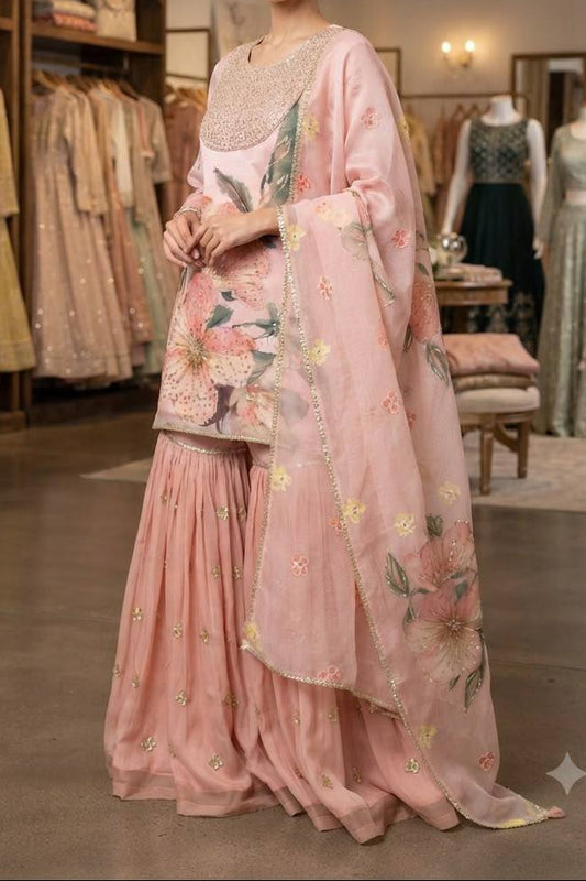 Designer Soft Organza Sequence Embroidered Sharara Set