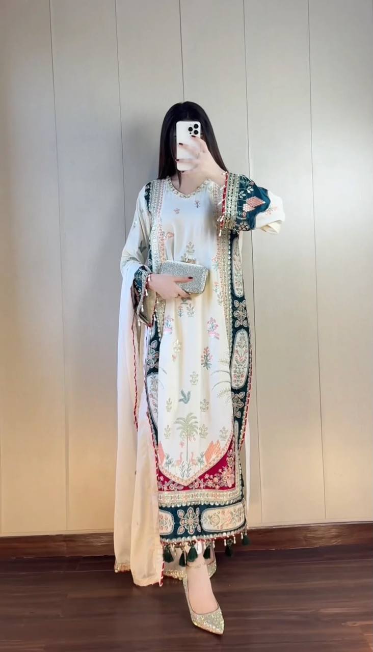 Beautiful Kaftan Style Embroidered Top With Pant & Dupatta