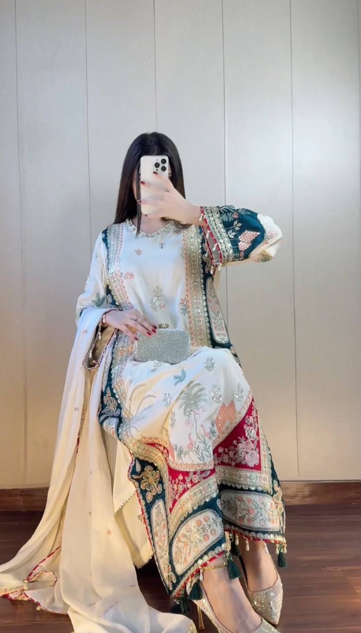 Beautiful Kaftan Style Embroidered Top With Pant & Dupatta
