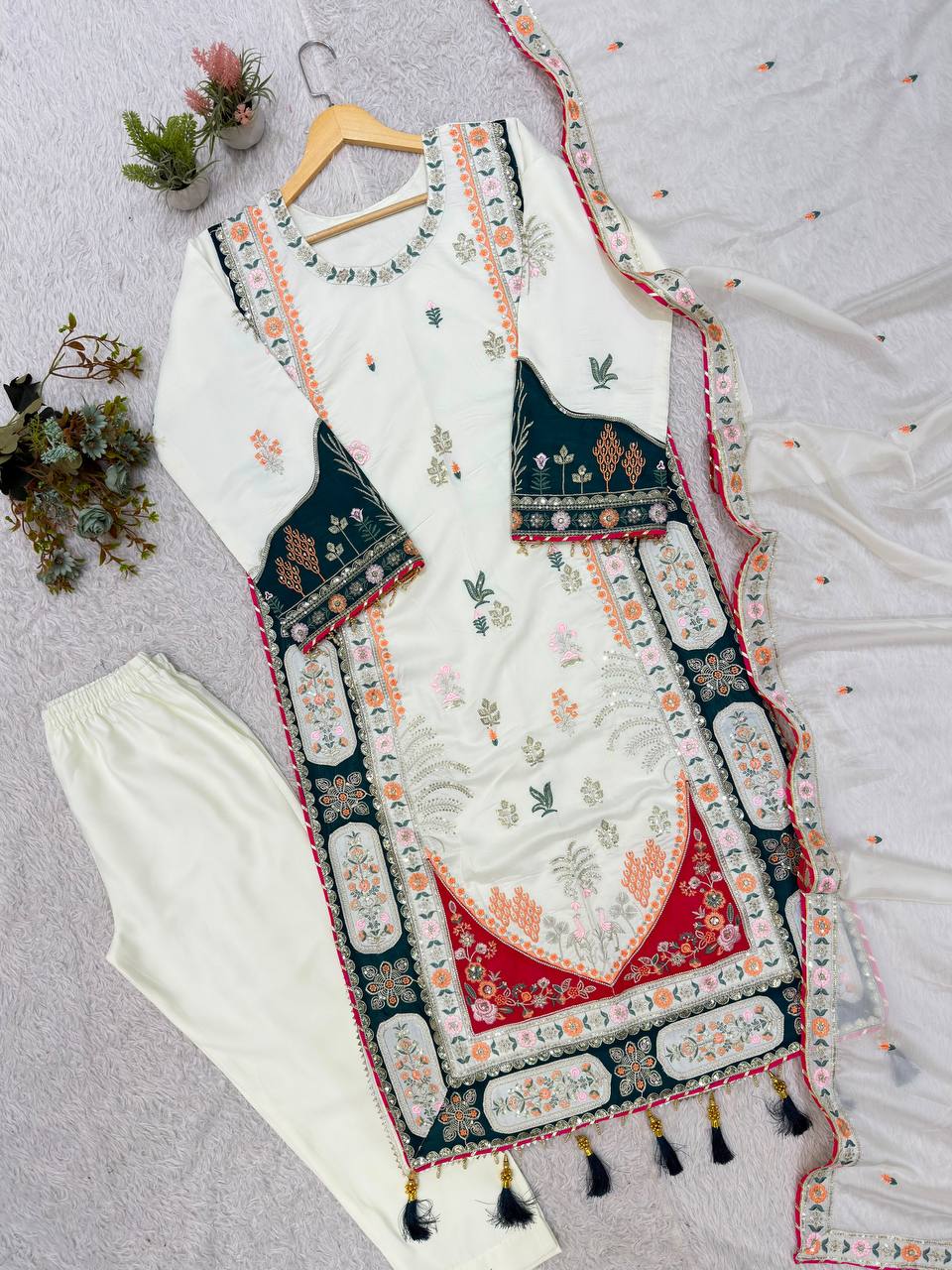 Beautiful Kaftan Style Embroidered Top With Pant & Dupatta