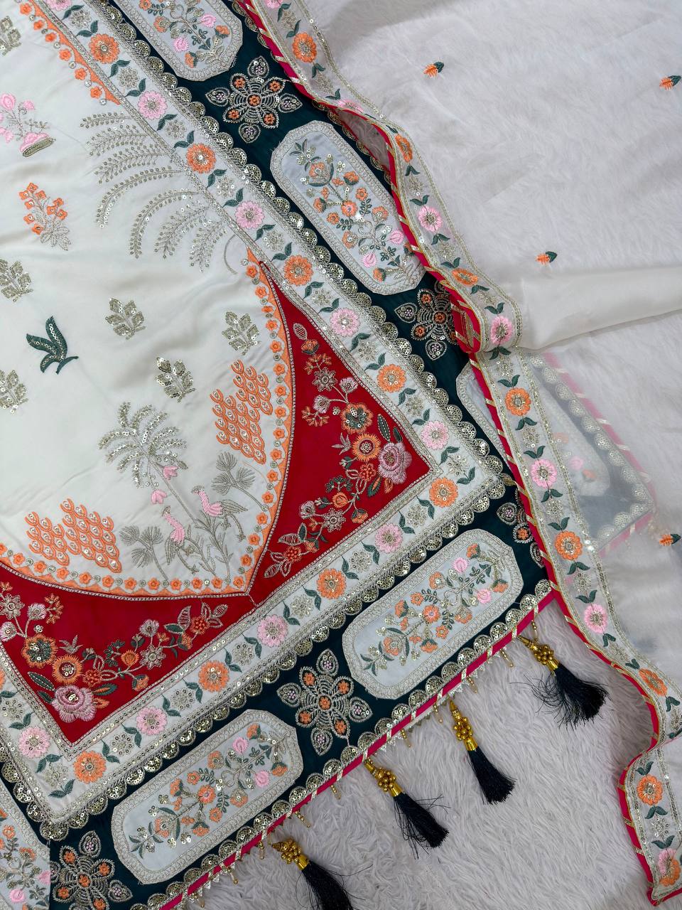 Beautiful Kaftan Style Embroidered Top With Pant & Dupatta