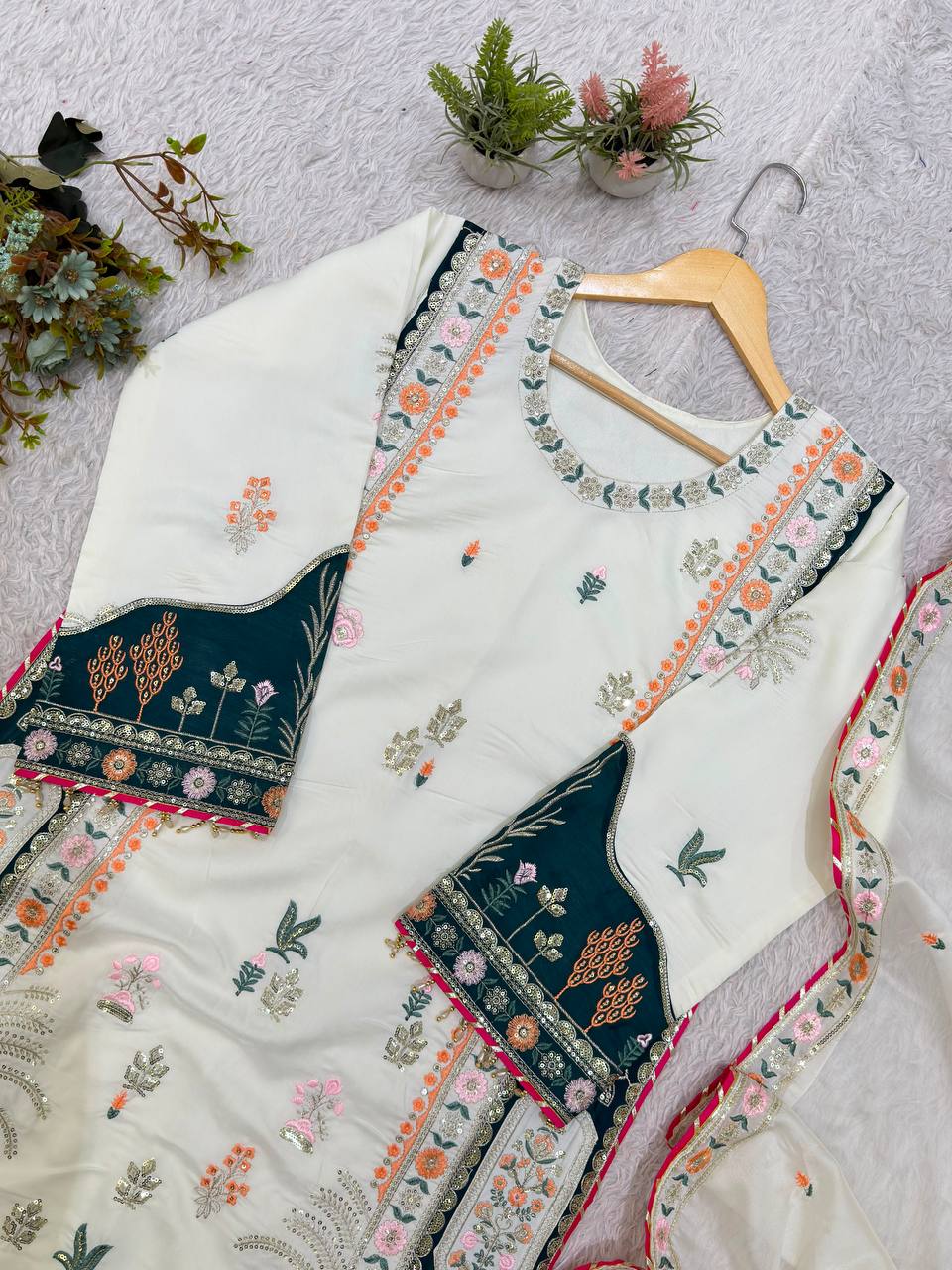 Beautiful Kaftan Style Embroidered Top With Pant & Dupatta