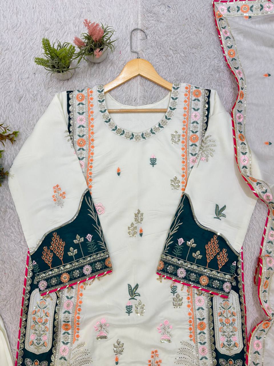 Beautiful Kaftan Style Embroidered Top With Pant & Dupatta