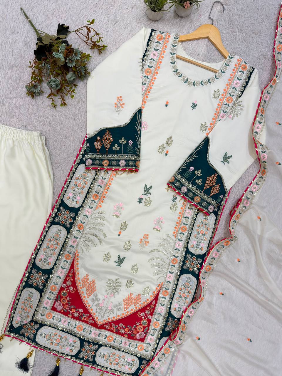 Beautiful Kaftan Style Embroidered Top With Pant & Dupatta