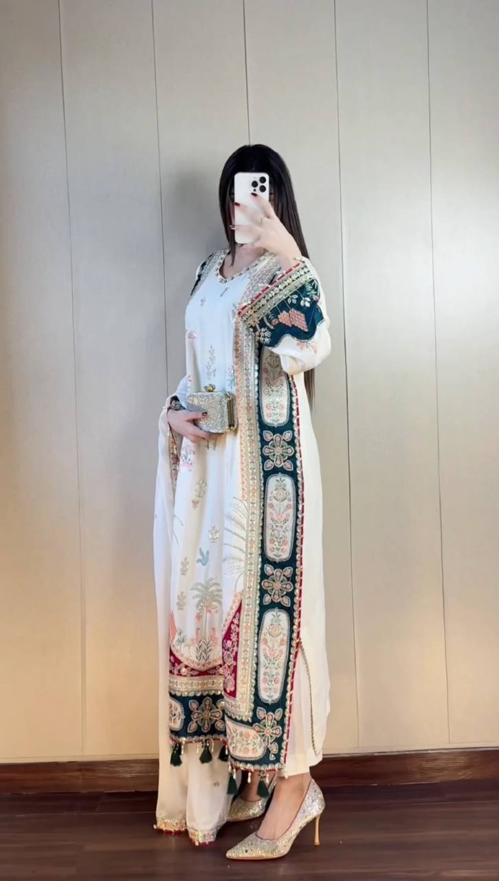 Beautiful Kaftan Style Embroidered Top With Pant & Dupatta