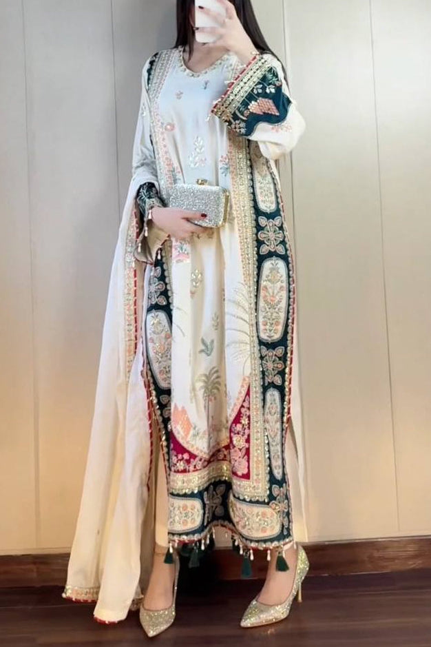 Beautiful Kaftan Style Embroidered Top With Pant & Dupatta