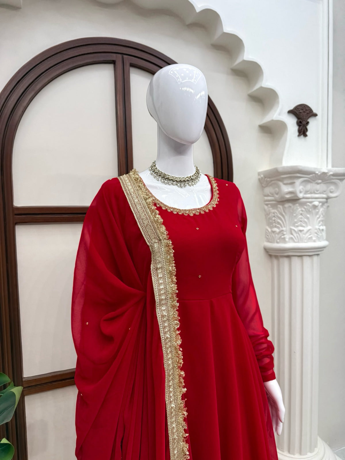 Elegant Red Anarkali Suit Set With Front & Back Neck Handwork